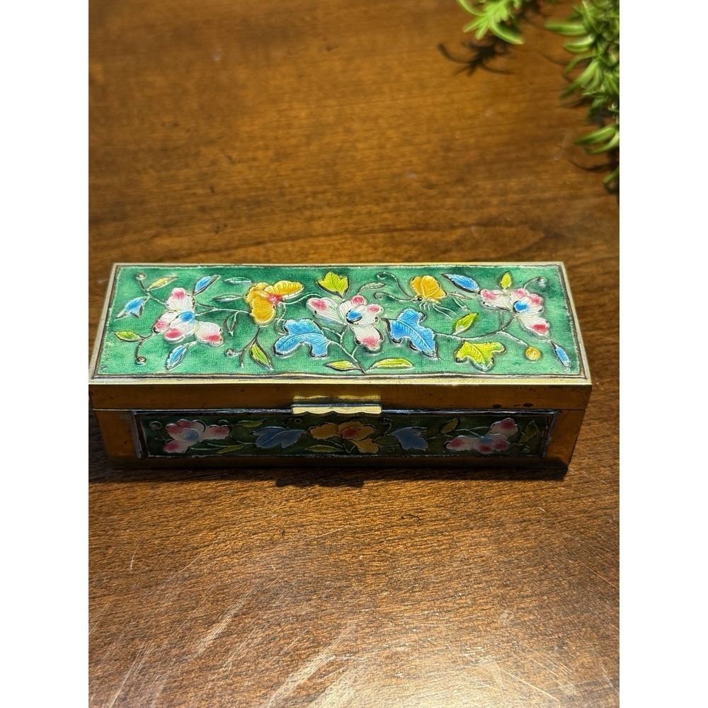 VTG CHINESE CLOISONNE ENAMEL BRASS HINGED STAMP TRINKET BOX MARKED - Picture 2 of 11